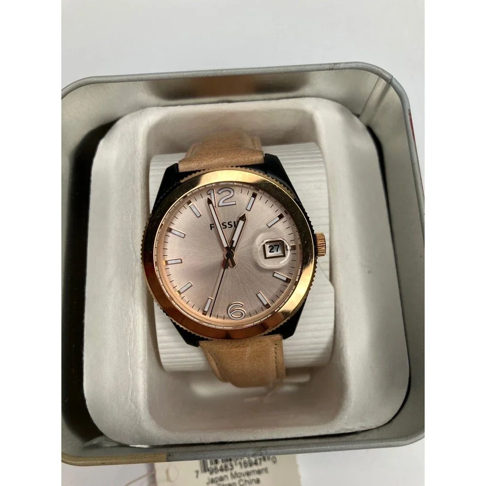 Fossil ES3777 Women Beige Leather Analog Champagne Dial Watch Needs Battery